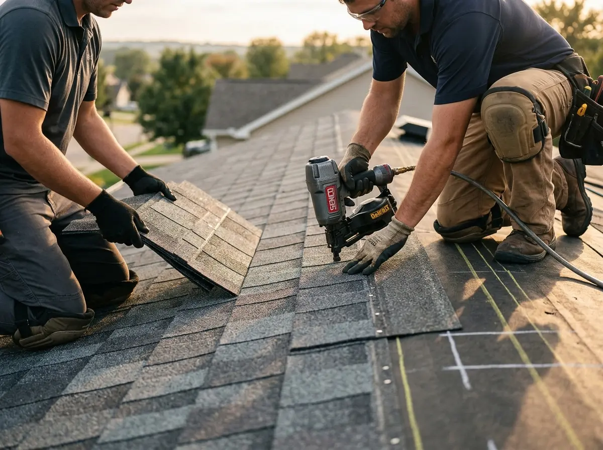 Professional roofer working on a residential roof in Tillamook